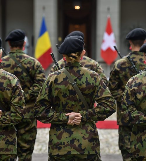 Swiss army soldiers representing the guard of honor are seen during a welcome ceremony in Bern
