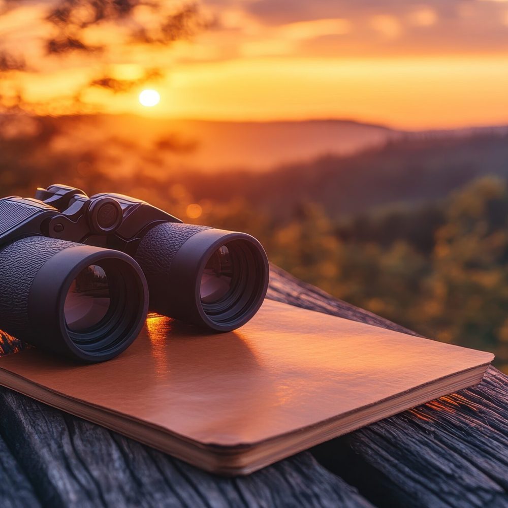 Binoculars and journal on rustic table at sunset over forested hills.